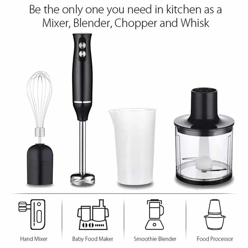 Batidora de Mano 4 en 1 500W — Tritura, Pica, Bate y Monta